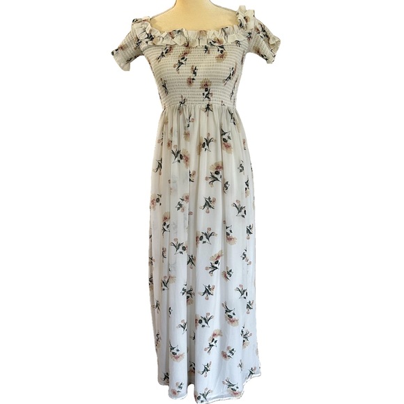 Lulu's White smocked Ruffled Off-Shoulder Maxi Dress floral romantic boho - Picture 4 of 11